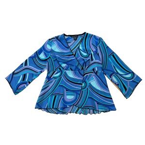 Vintage Y2K Faux Wrap Top Women's L Blue Abstract Artsy Plunge Neck Coquette